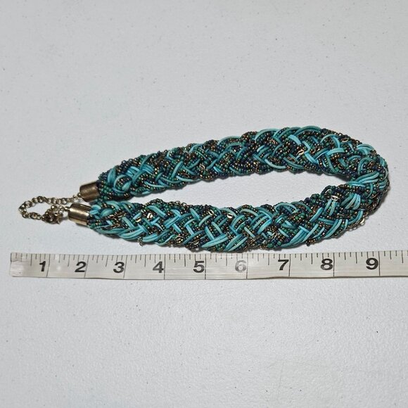 Handcrafted Boho Turquoise Gold Braided Seed Bead Chunky Necklace Retro Fashion - Picture 5 of 5